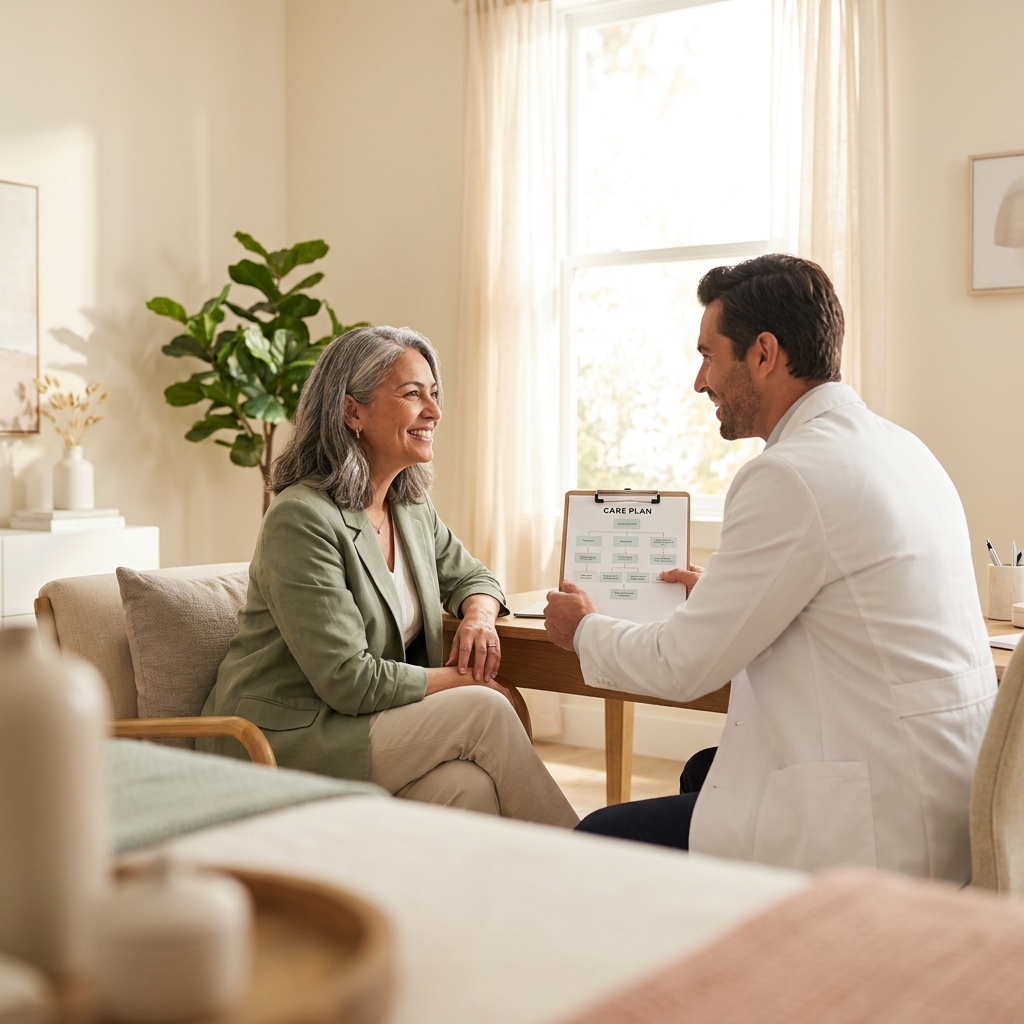 Woman consulting with a clinician about a structured weight loss treatment program in a modern wellness clinic.