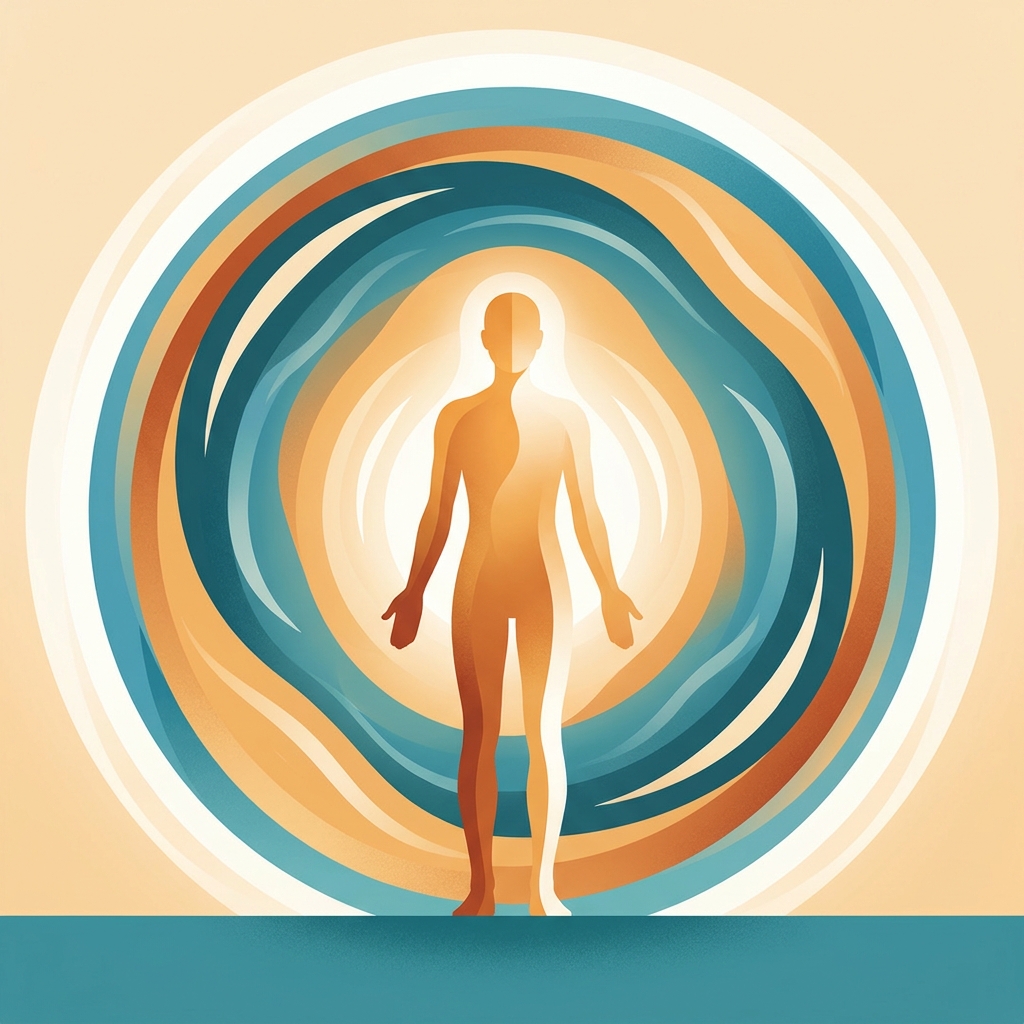 Stylized illustration of a glowing human figure representing metabolic health and inner vitality