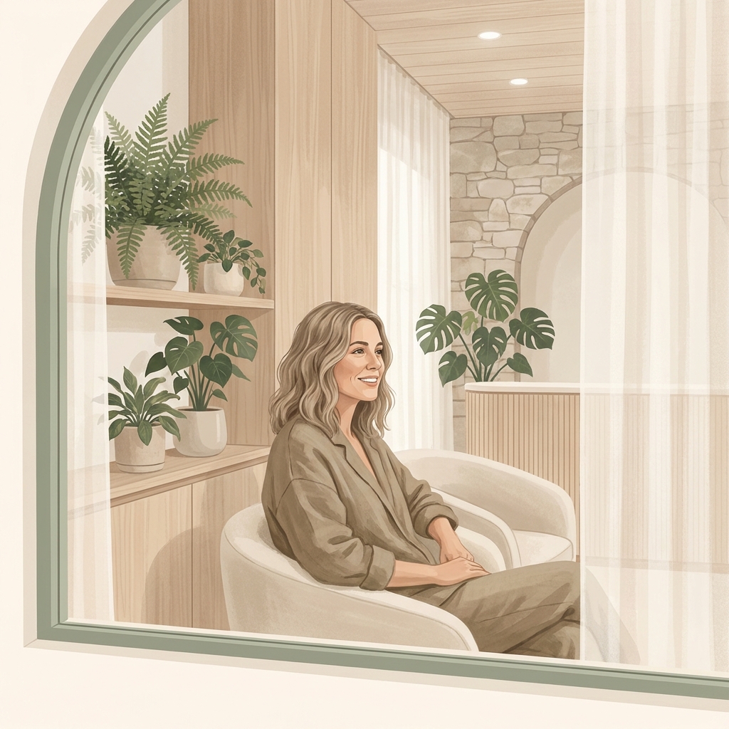 Woman in a modern wellness clinic consultation, representing informed GLP-1 medication guidance and care.
