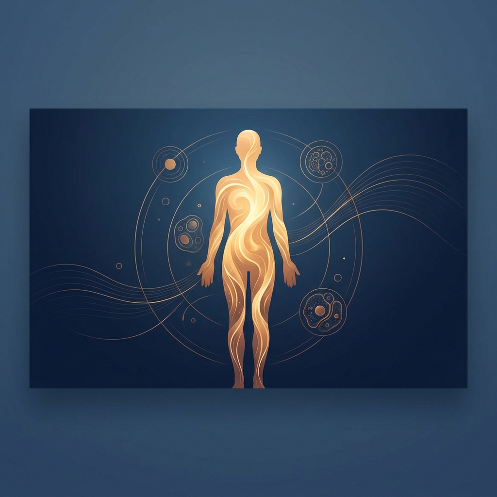 Glowing human silhouette representing metabolic health, vitality, and internal balance in warm amber and navy tones.