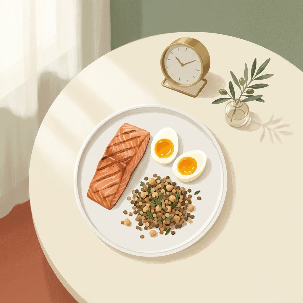 Balanced high protein meal with salmon, eggs, and legumes styled to represent a strategic high protein weight loss approach.