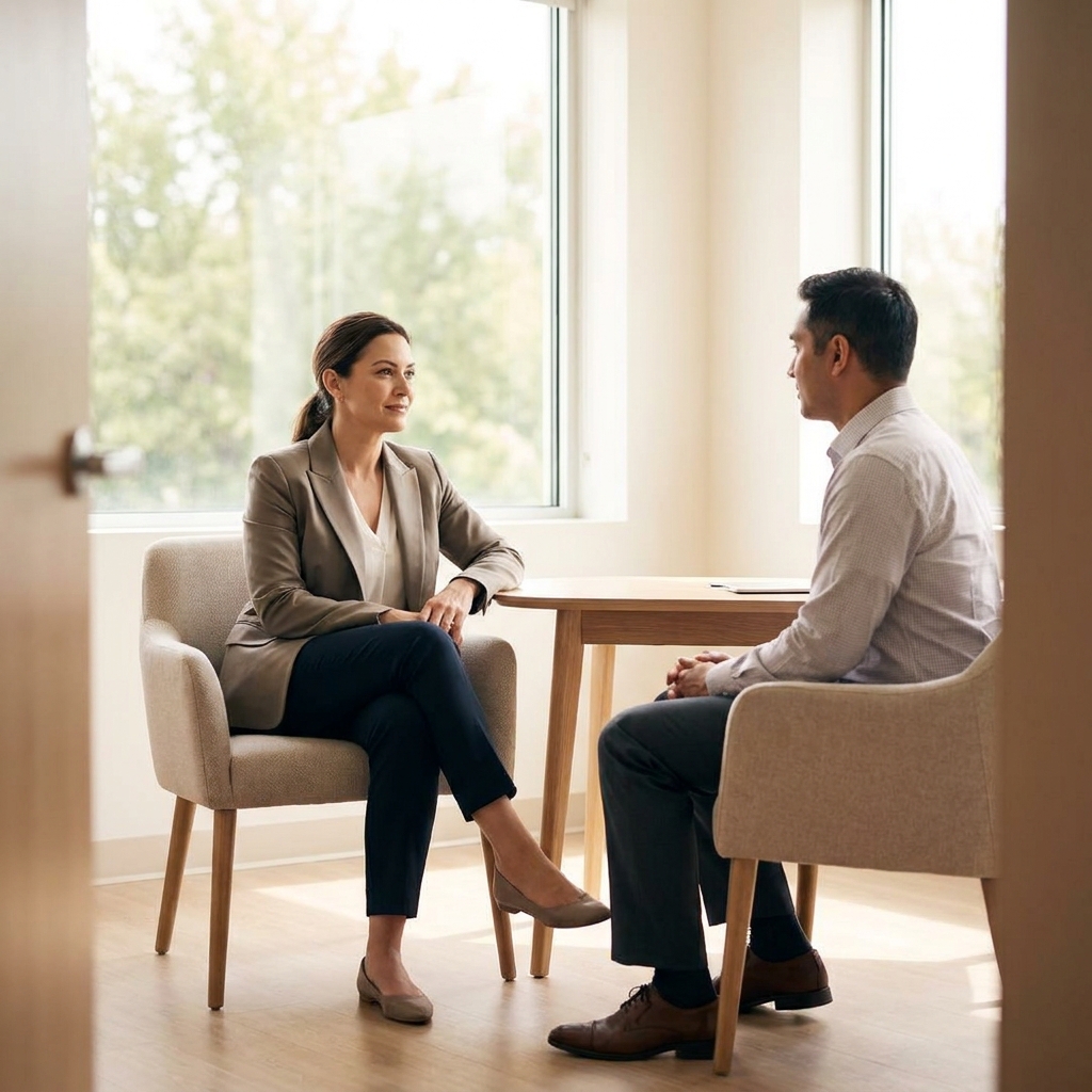 Woman in a professional medical consultation discussing weight loss programs with a clinician in a modern clinic.
