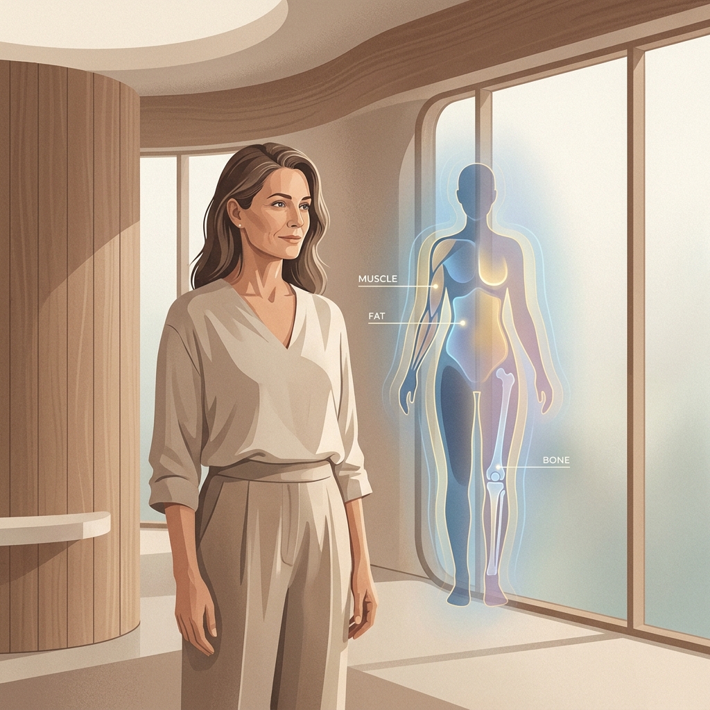 Woman reviewing body composition data visualization — DEXA scan results for metabolic health