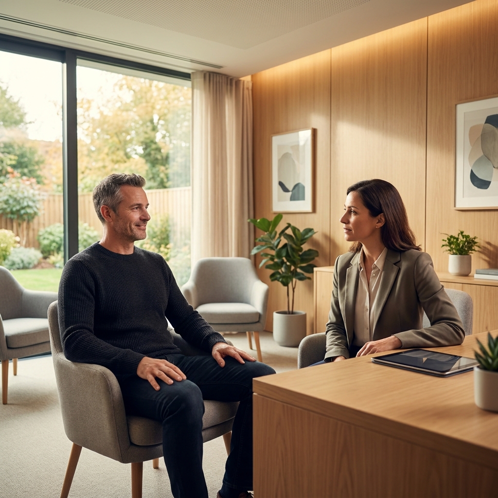 Man in confident consultation about testosterone replacement therapy at a modern clinic