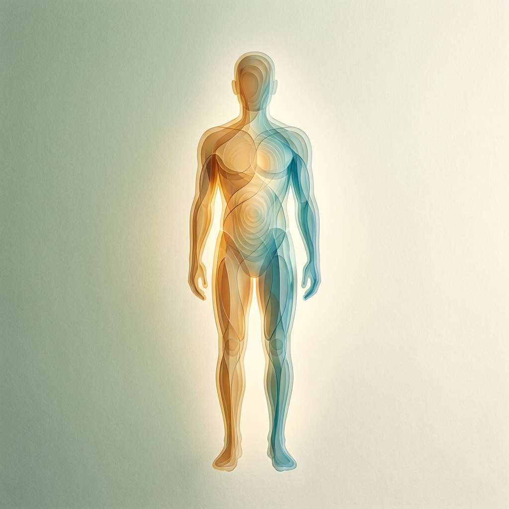 Stylized illustration of a human silhouette showing body composition layers in warm and cool tones, symbolizing metabolic health.