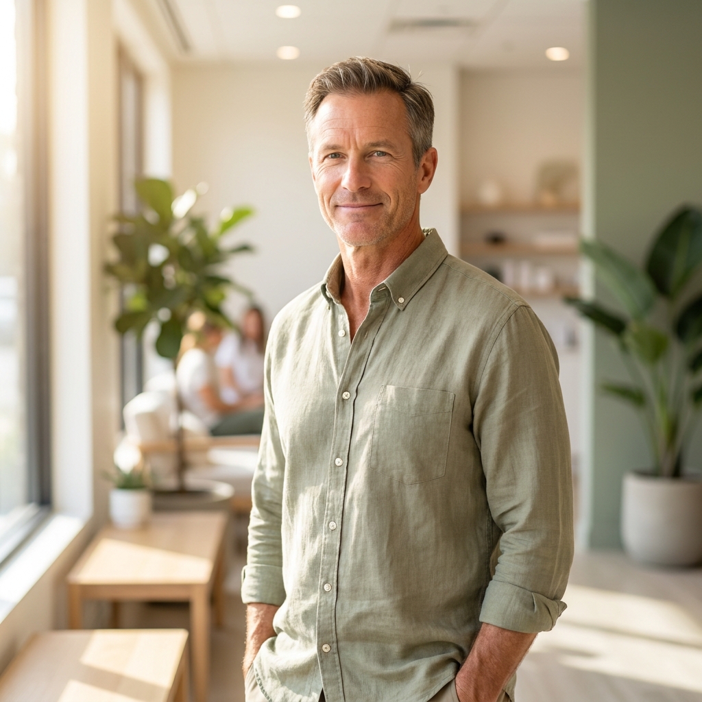 Confident middle-aged man in modern wellness setting representing hormone therapy for men