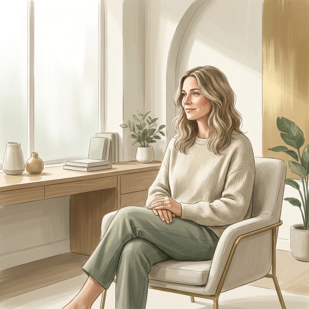 Woman sitting calmly in a modern wellness clinic consultation room, representing manageable GLP-1 side effects with clinical support.