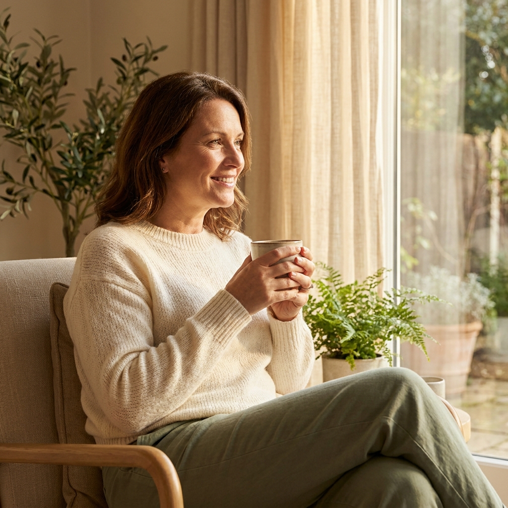 Confident woman in her 50s in warm natural light, reflecting calm and renewal — representing hormone replacement therapy for women.