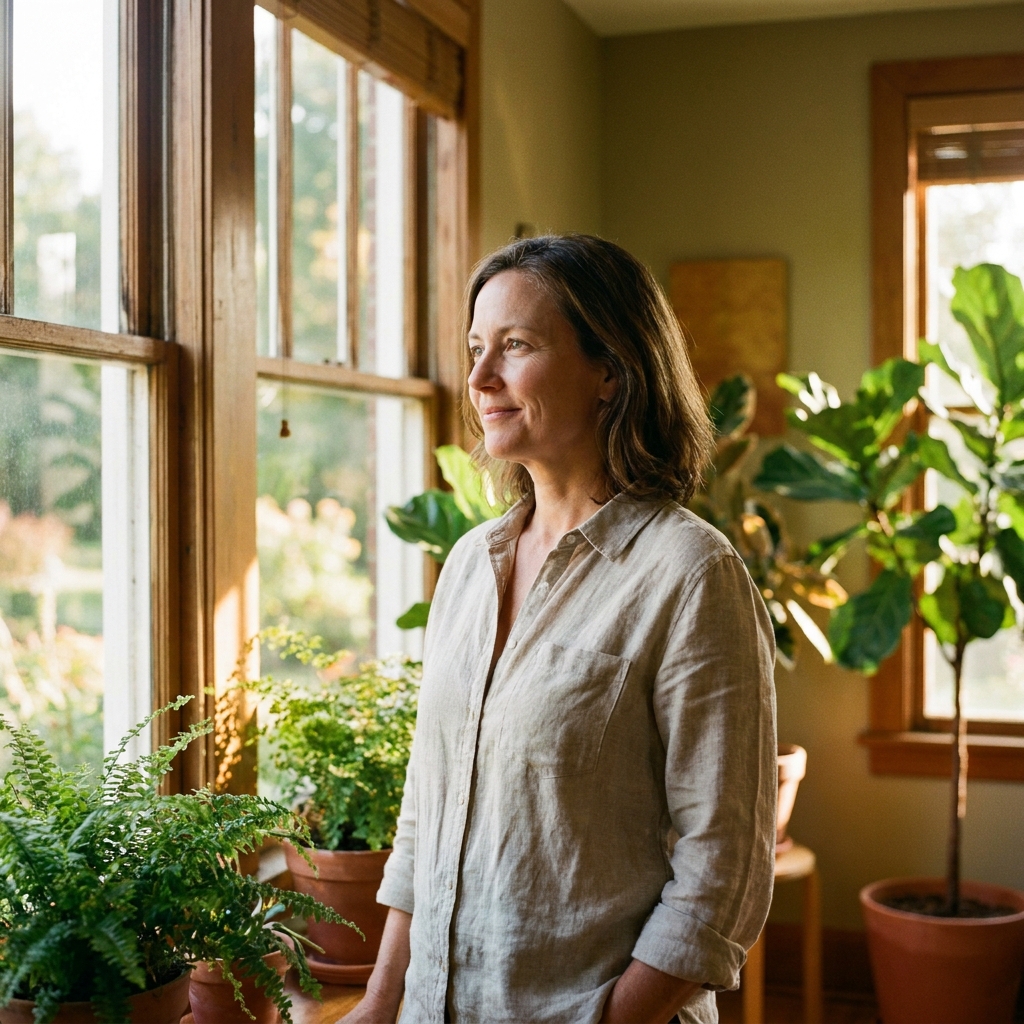 Confident woman in her late 40s in warm morning light, reflecting on menopause symptoms at age 47