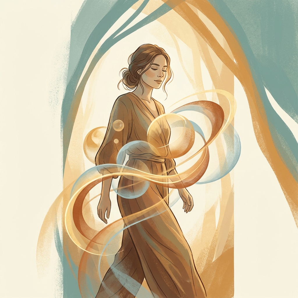Illustrated woman surrounded by soft glowing light representing hormones and weight gain as a biological system