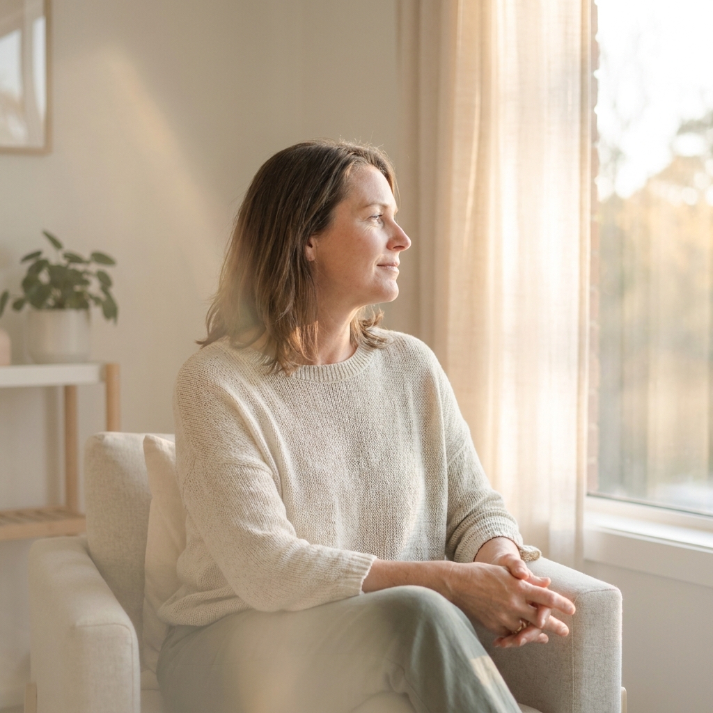 Woman in calm, sunlit setting reflecting on her weight loss journey as a medical process