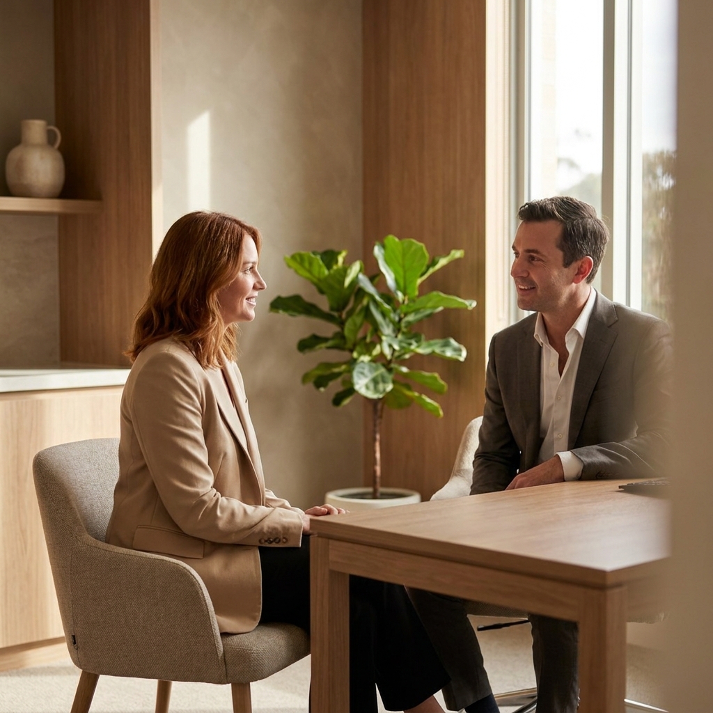Woman consulting with a provider at a weight loss medical clinic in a modern, welcoming office setting.