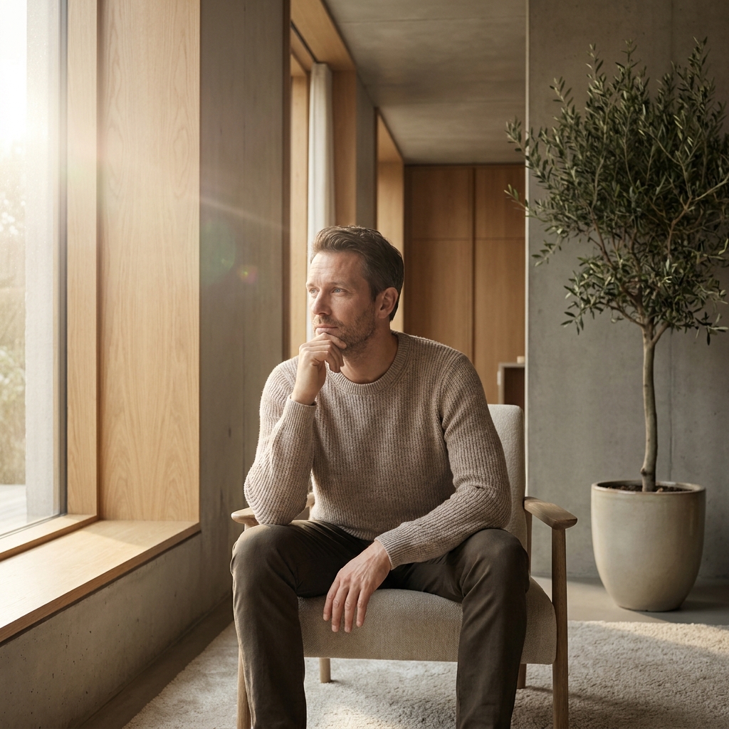 Man sitting thoughtfully near a window, reflecting on low testosterone symptoms in a calm, modern setting.