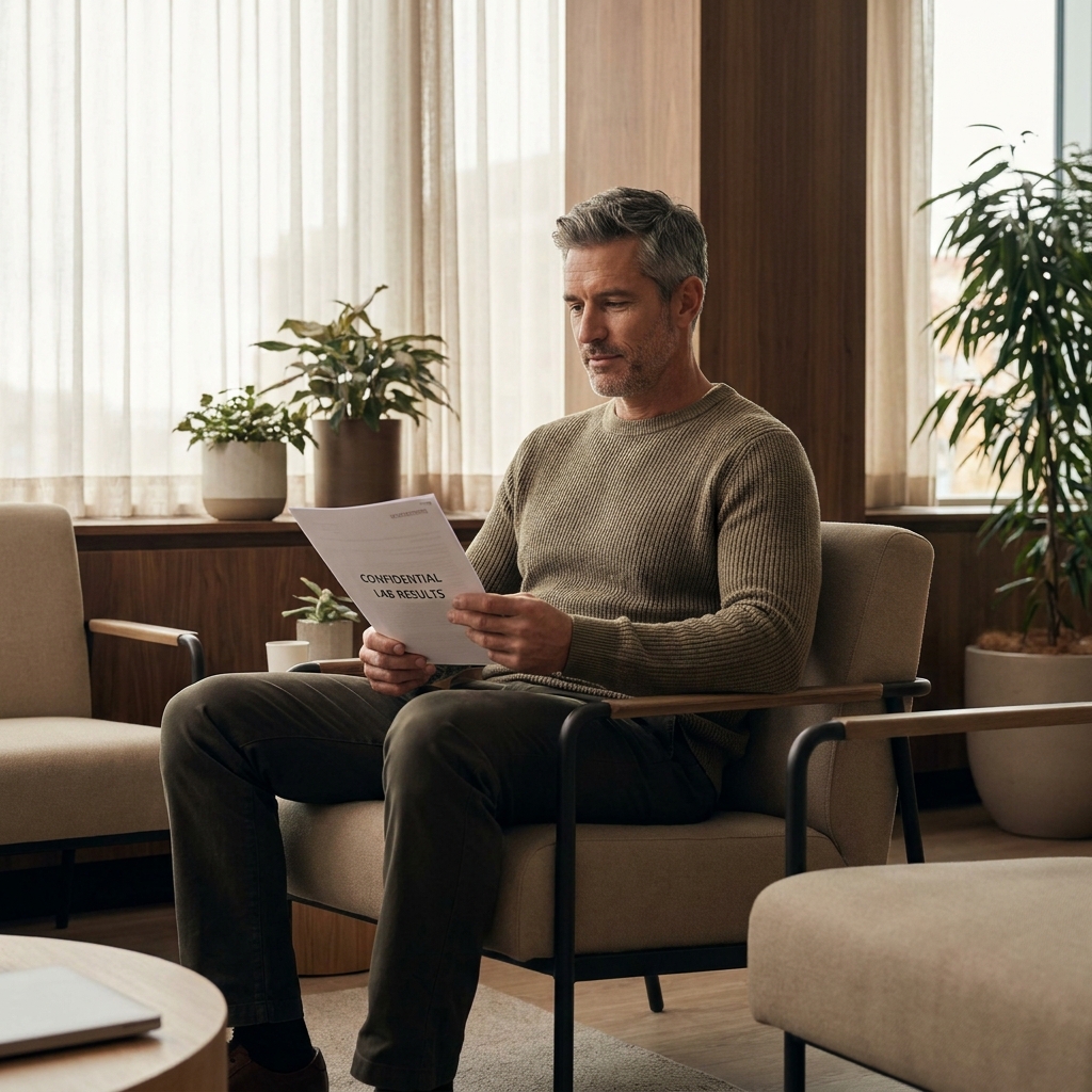 Man reviewing lab results in a modern clinic, reflecting on signs of low testosterone in men