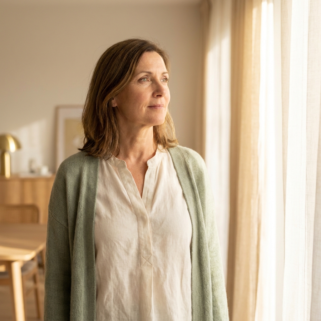 Woman in midlife looking calm and reflective near a sunlit window, representing understanding weight gain during menopause