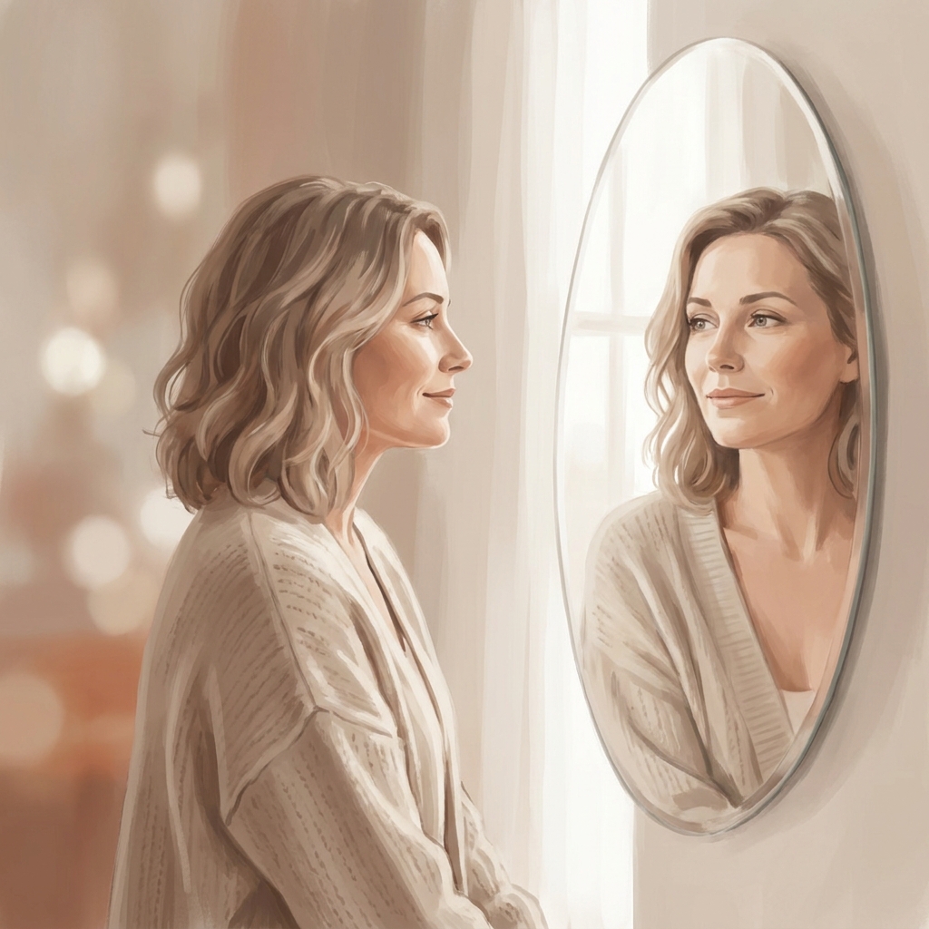 Woman calmly examining her face in soft natural light, reflecting awareness of facial changes after weight loss.