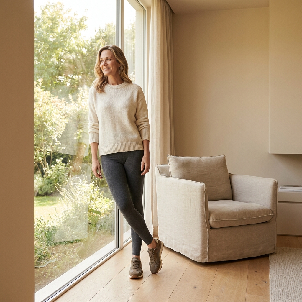 Woman maintaining weight loss results, standing confidently in a calm, sunlit modern interior
