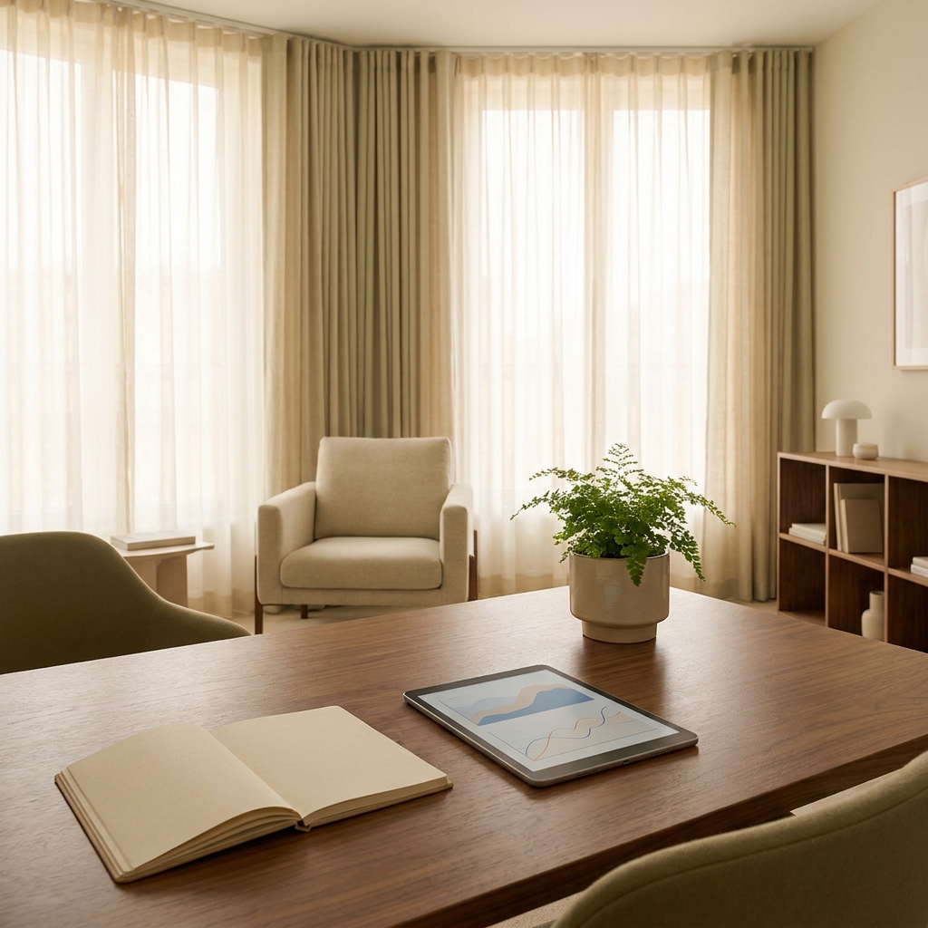 Modern hormone optimization clinic consultation room with warm lighting, conveying clinical precision and patient-centered care.
