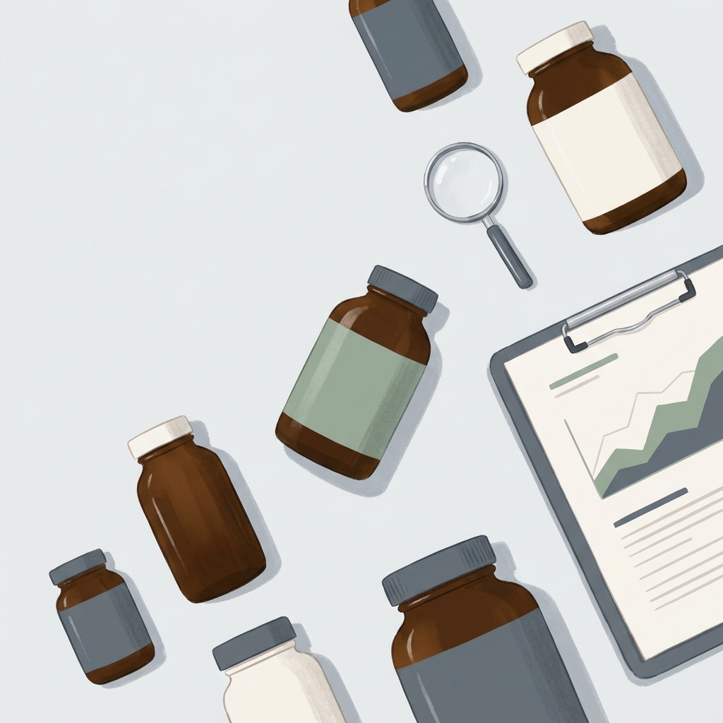 Stylized flat-lay of supplement bottles and a clipboard representing evidence-based metabolic health supplements review