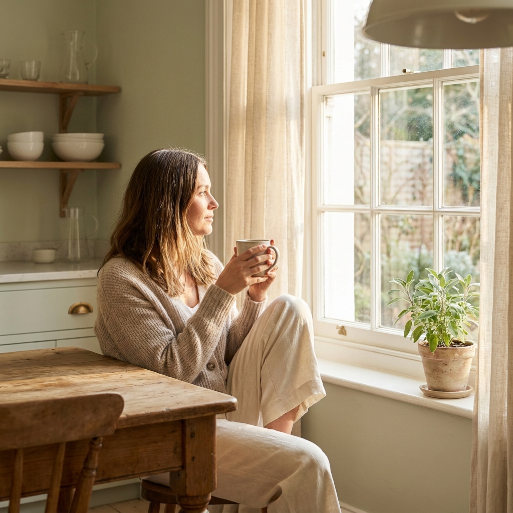 Woman reflecting at home kitchen table — weight loss at home requires more than willpower alone