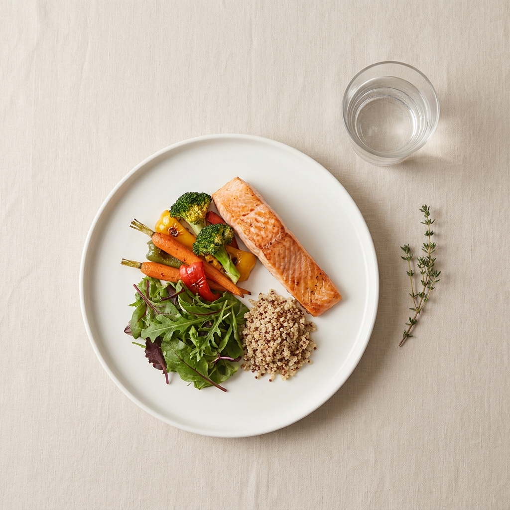 Elegantly plated weight loss balanced meal with salmon, vegetables, and quinoa on a white ceramic plate
