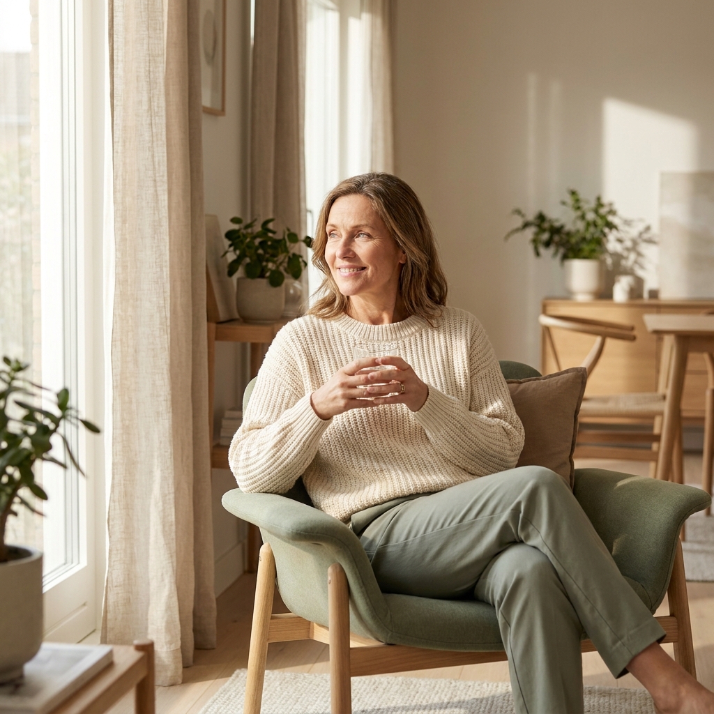 Confident woman in her 50s in a calm, sunlit setting representing menopause treatment options and prescription medicine choices.