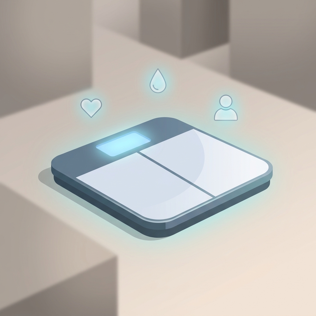 Stylized illustration of a body composition scale with floating health data icons, representing top rated body composition scales