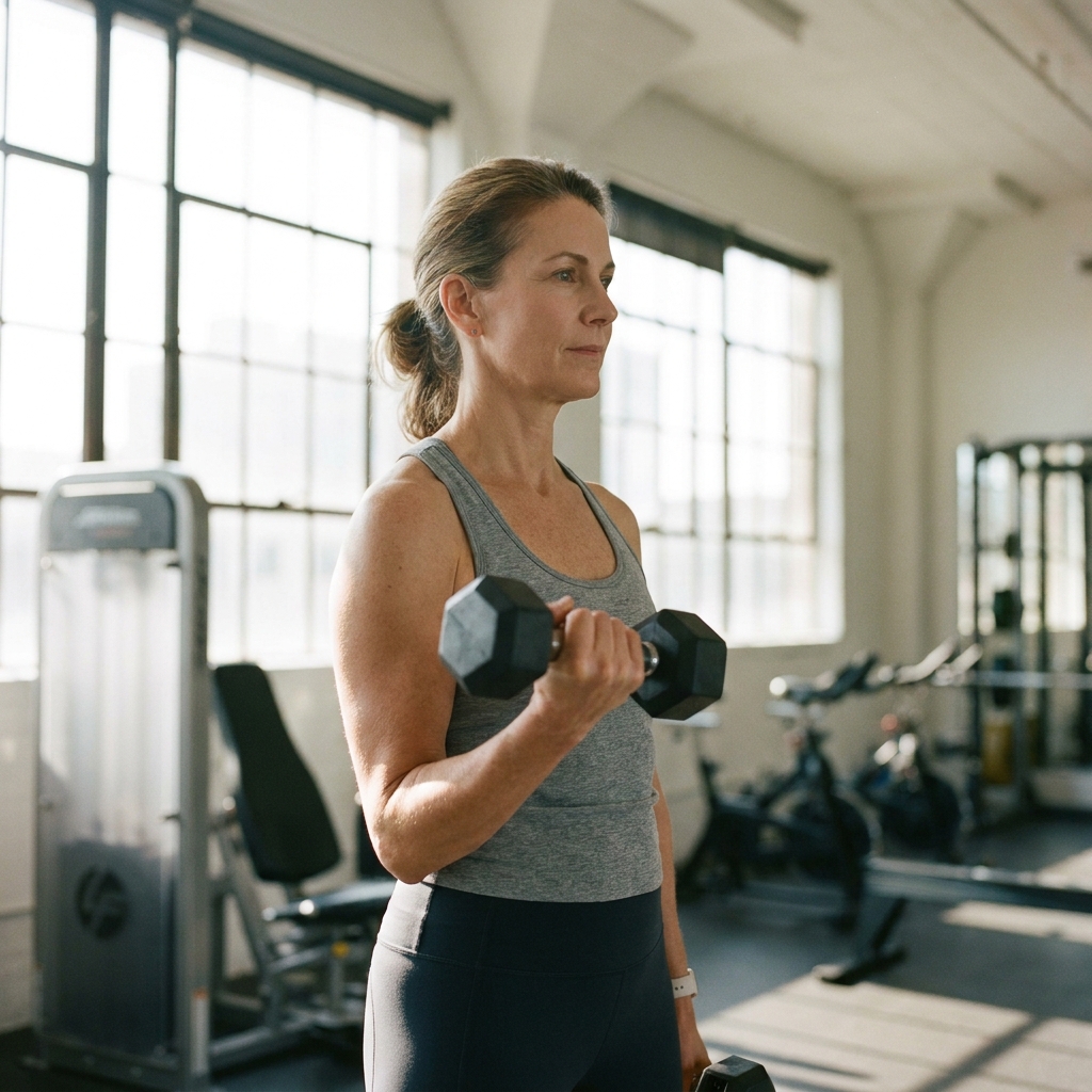 Woman performing weight loss exercises with dumbbells in a modern gym, focused and confident