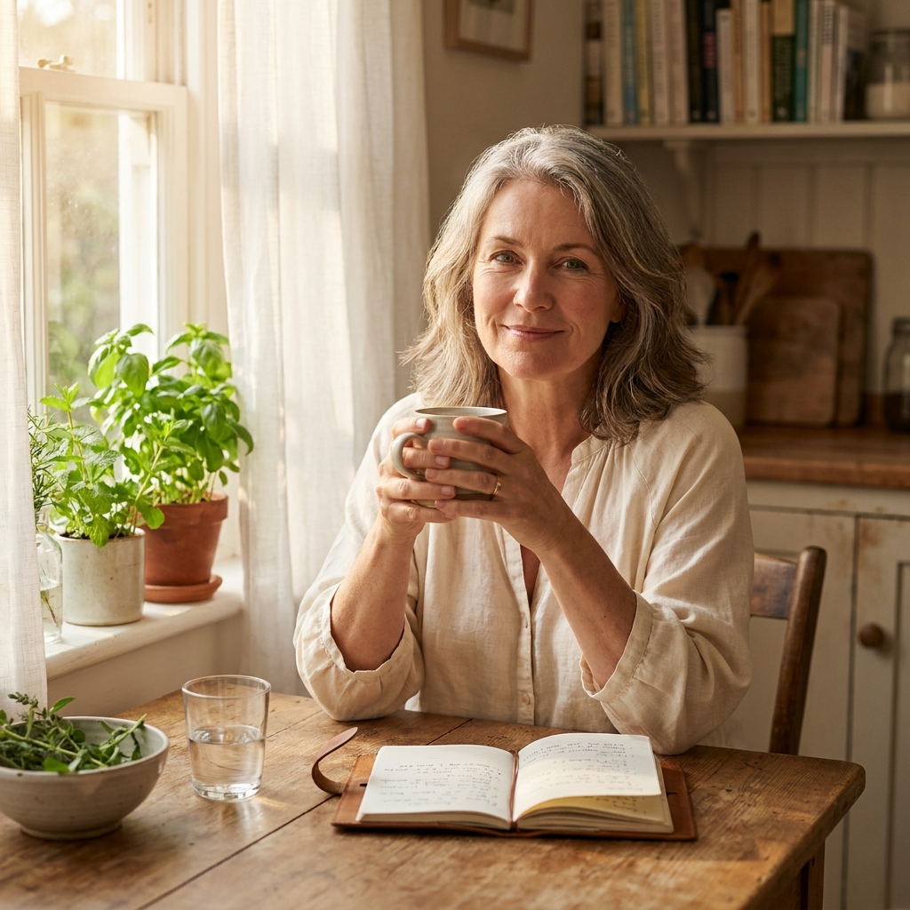 Woman in her 50s practicing menopause self-care with calm morning routine in sunlit kitchen