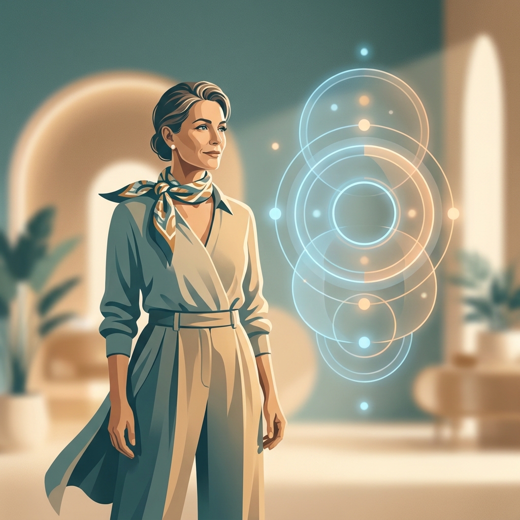 Woman contemplating a glowing abstract body fat composition chart visualization in a modern wellness setting
