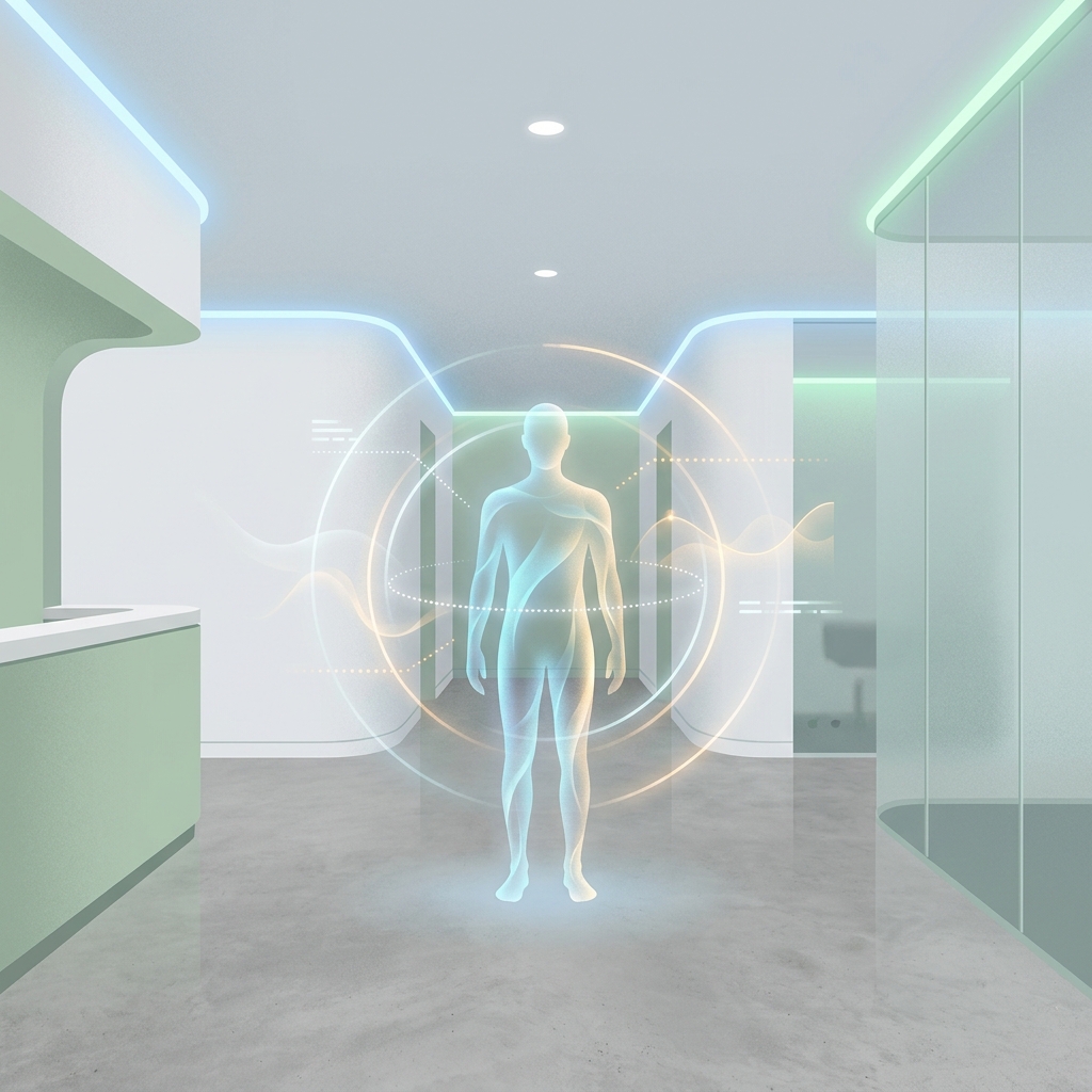 Abstract illustration representing body composition analysis with a glowing human silhouette in a modern clinical setting
