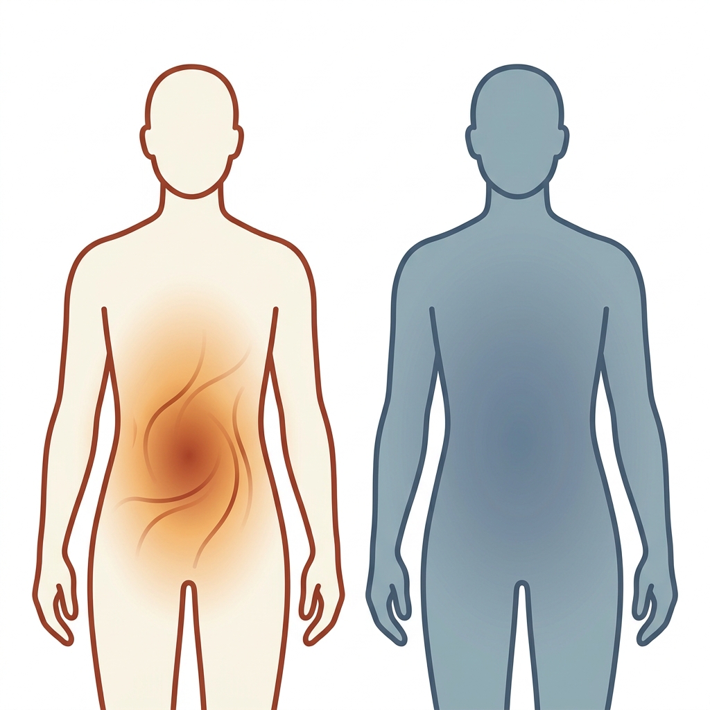 Stylized illustration showing two body silhouettes representing different body composition examples and metabolic health profiles