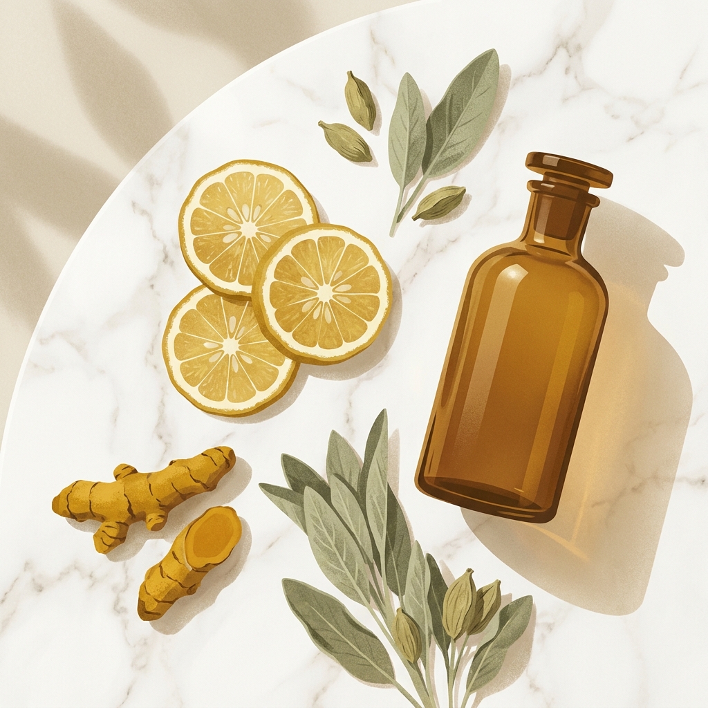 Botanical ingredients supporting Thorne metabolic health—bergamot, turmeric, and supplements on marble