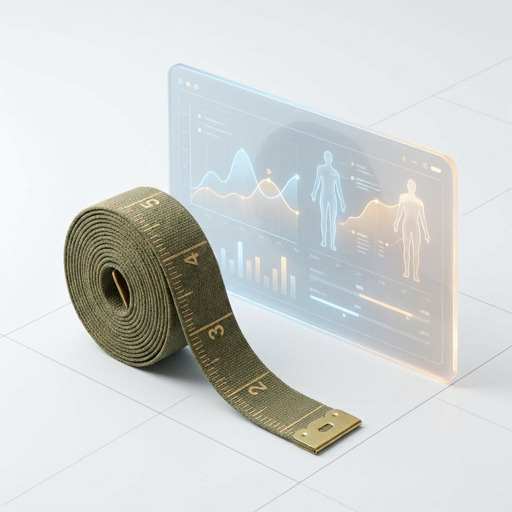 Stylized illustration of a measuring tape and body composition data charts representing the army body fat composition calculator