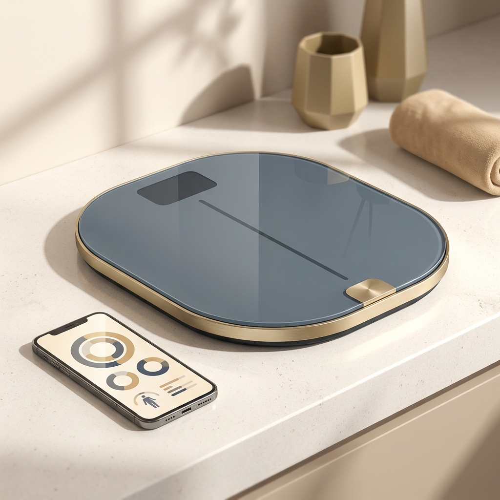 Smart body composition analyzer scale beside a phone displaying health data charts