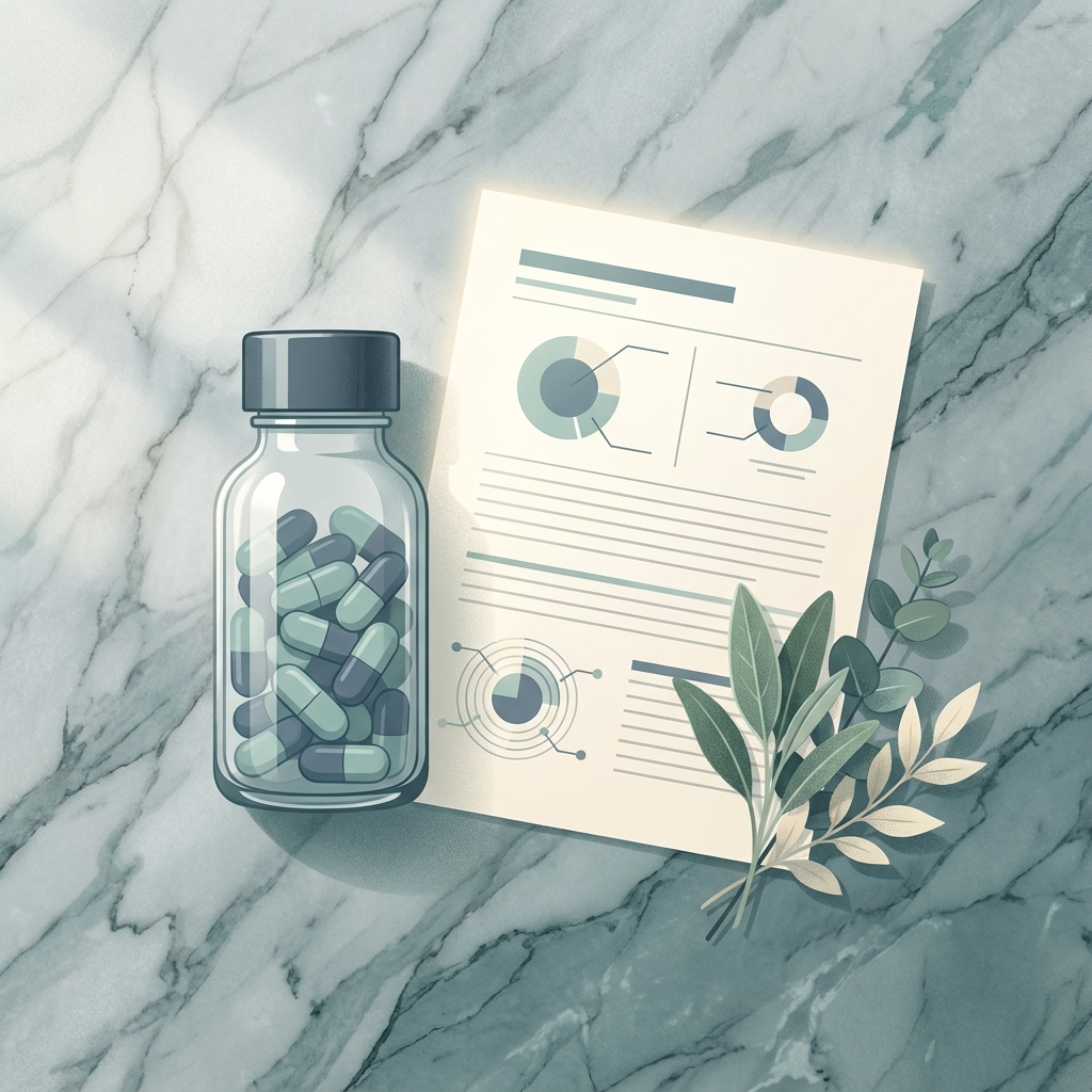 Supplement bottle and research documents on marble surface, representing an evidence-based Thorne Metabolic Health review