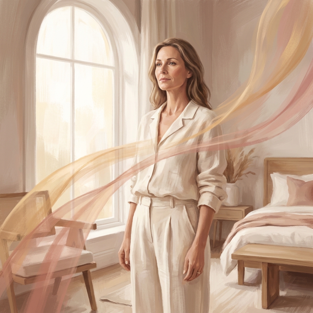 Woman in warm light representing the experience of vasomotor symptoms of menopause such as hot flashes