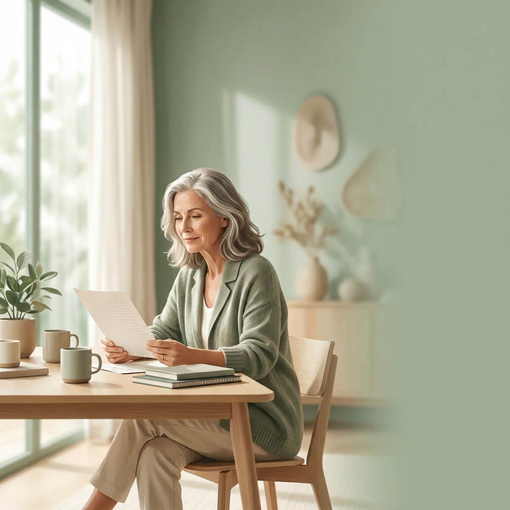 Woman reviewing menopause symptoms documentation at a modern clinic consultation, feeling informed and confident