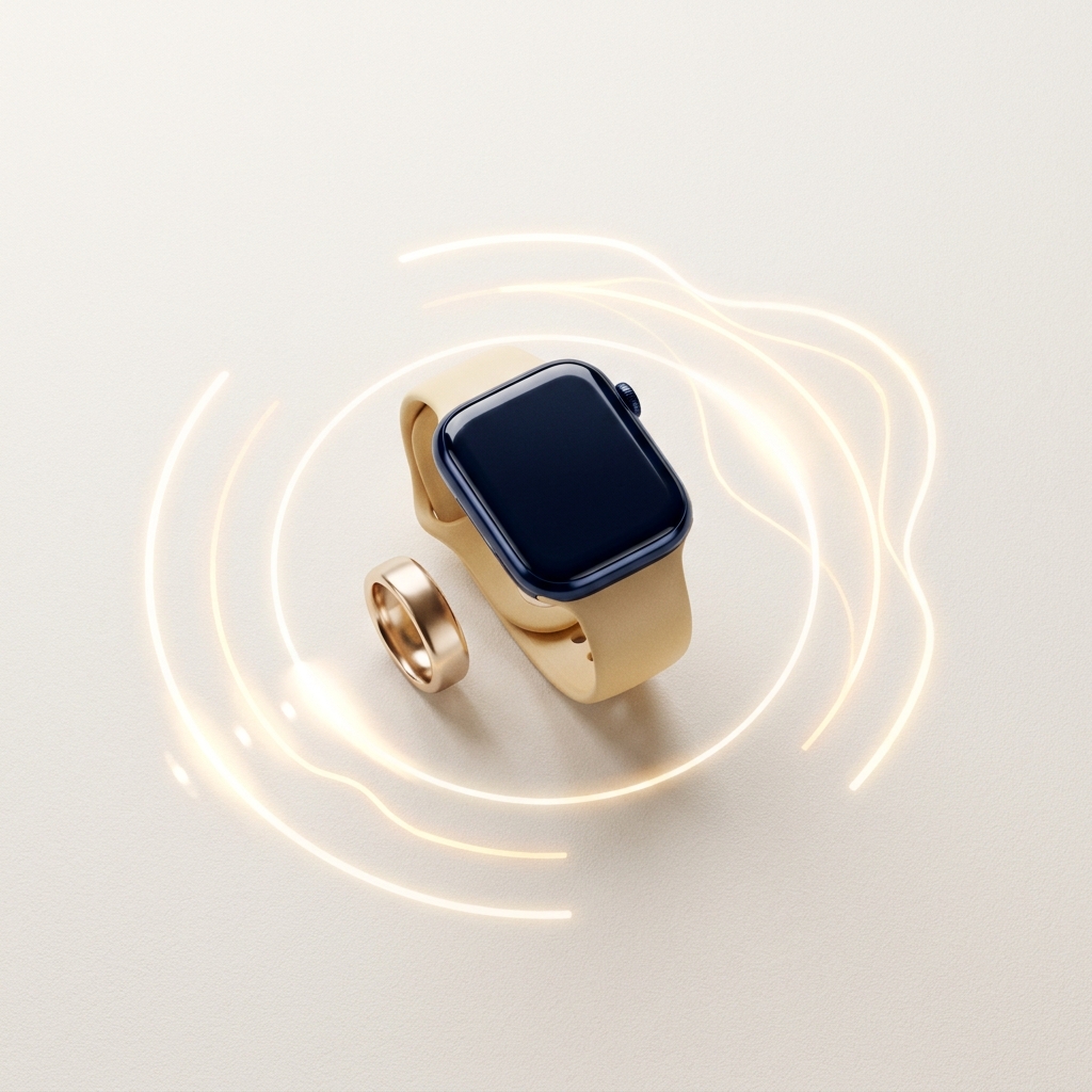 Metabolic health tracker devices with soft biometric data visualizations in a clinical-luxury editorial style