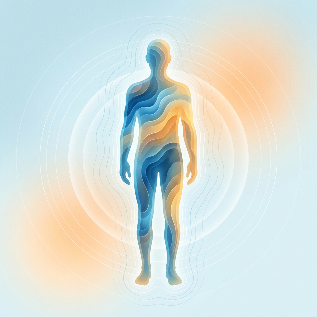 Stylized illustration of a human silhouette with layered body composition strata representing body composition scanning