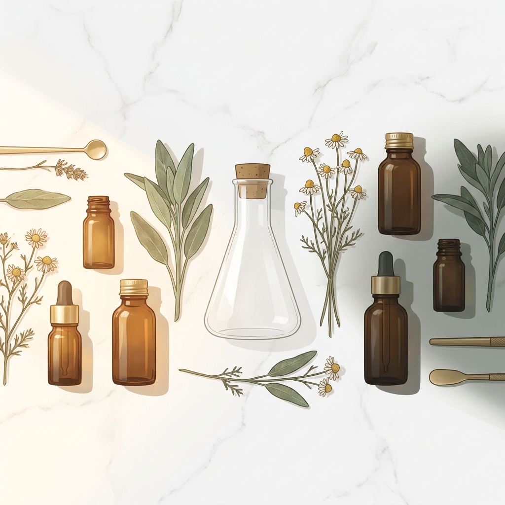 Curated supplement bottles and botanicals on marble surface illustrating evidence-based hormone optimization supplements