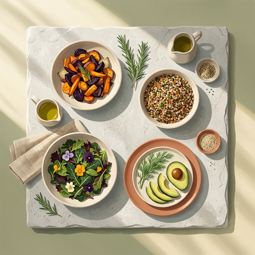 Nourishing whole-food meal layout representing a GLP-1 diet plan without medication