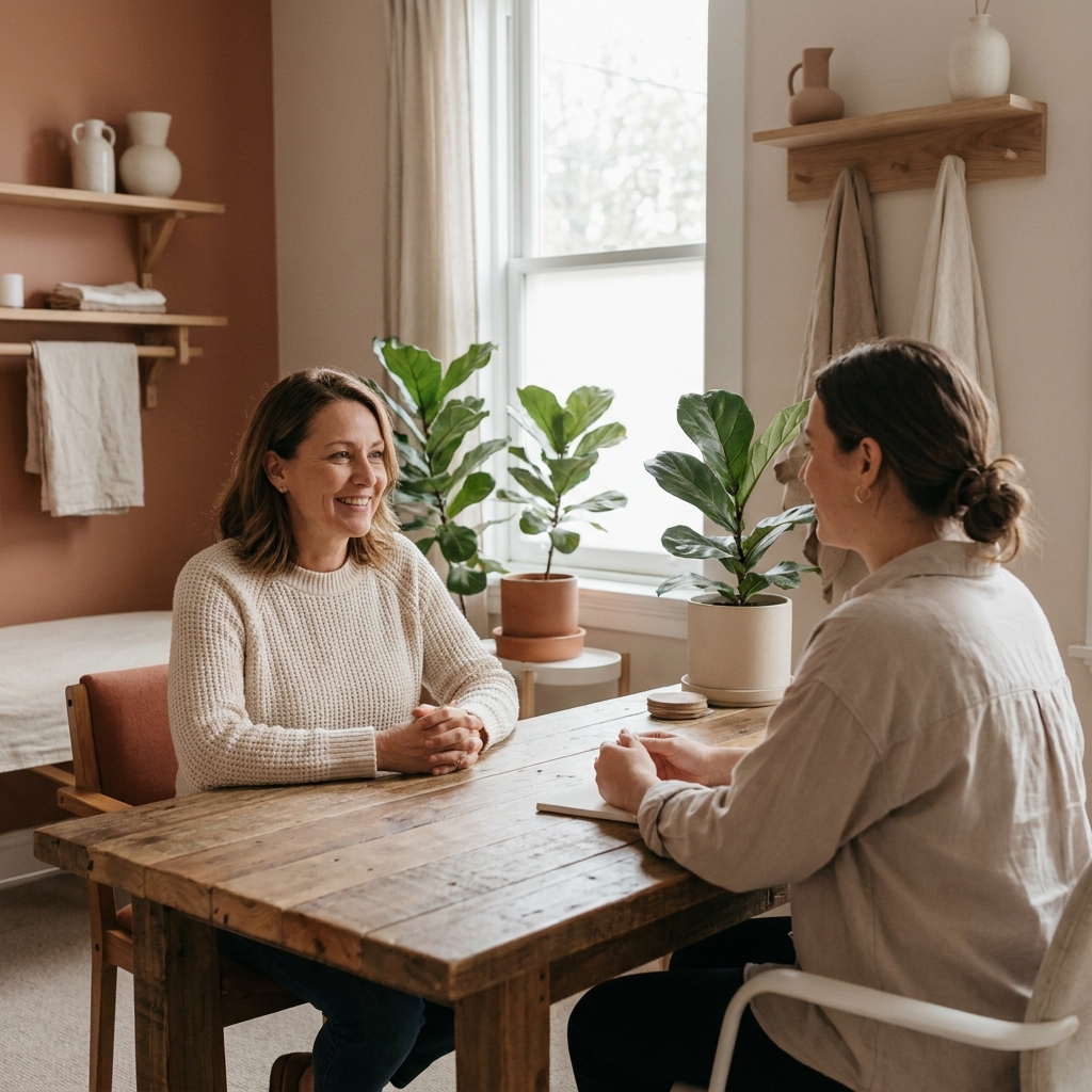 Woman discussing GLP-1 medication for PCOS with a clinician in a calm consultation setting