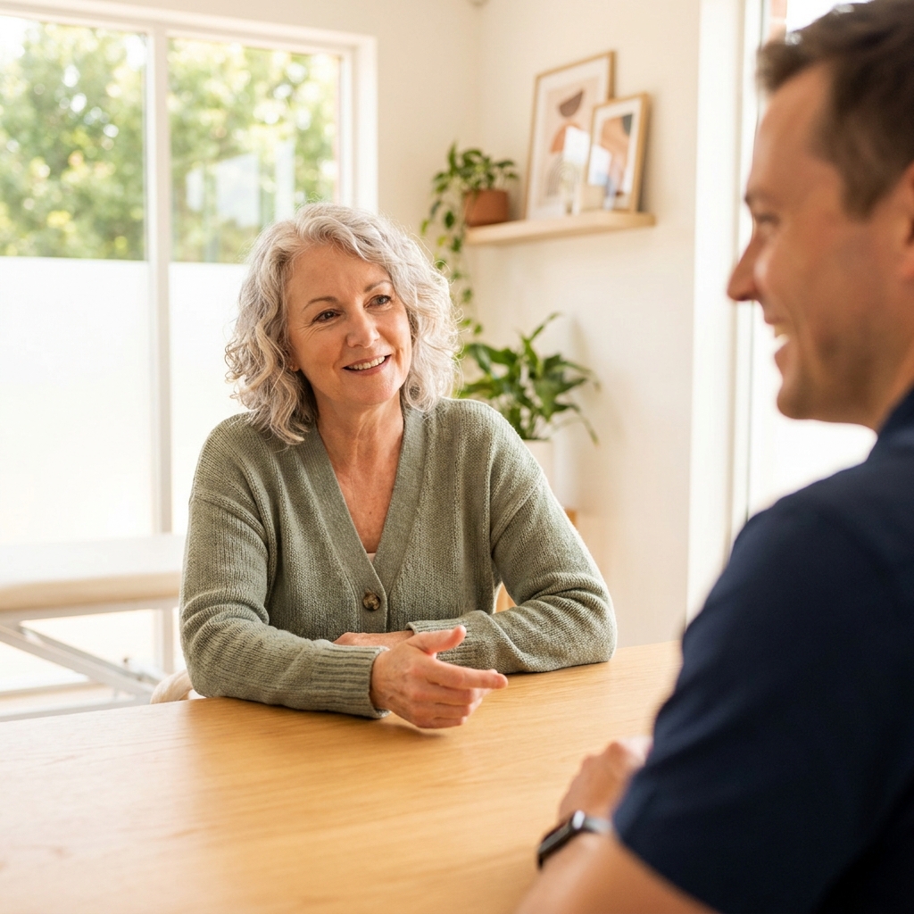 Woman discussing GLP-1 medication without insurance options with a clinician in a calm consultation room