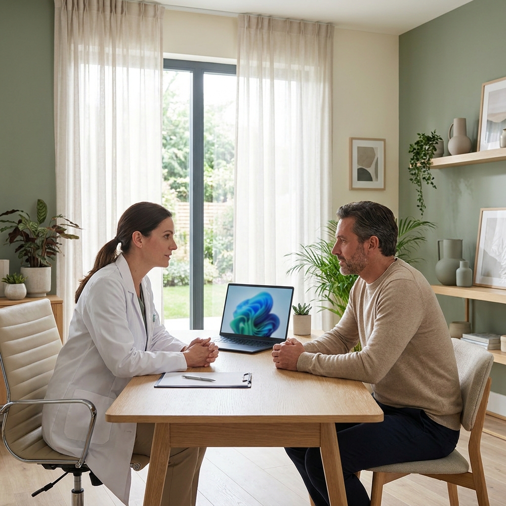 Clinician and patient discuss a metabolic health assessment in a calm clinical office