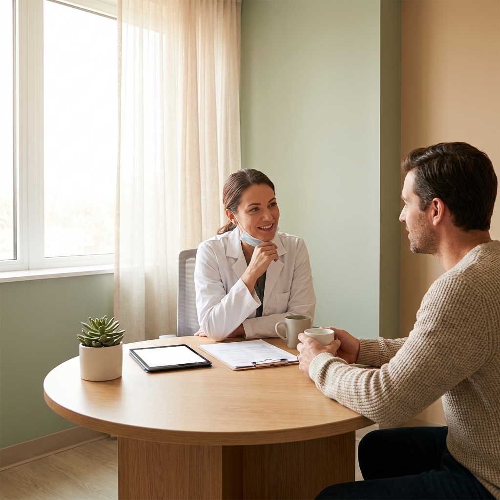 Doctor and patient discussing GLP-1 and ADHD medication monitoring in a calm clinic setting