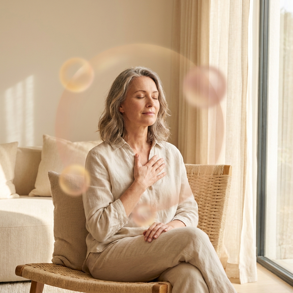 Woman reflecting calmly, representing understanding the 34 symptoms of perimenopause