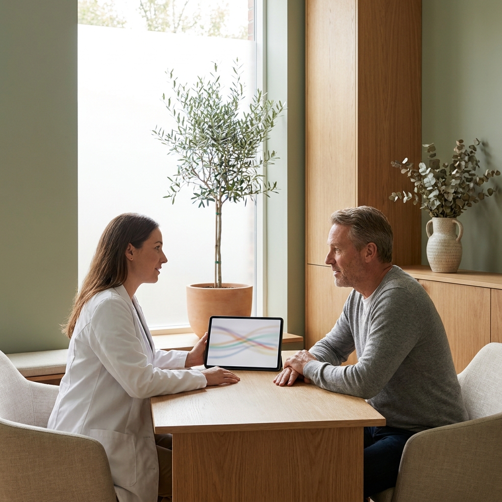 Clinician and patient discussing body composition analysis results in a calm consultation room