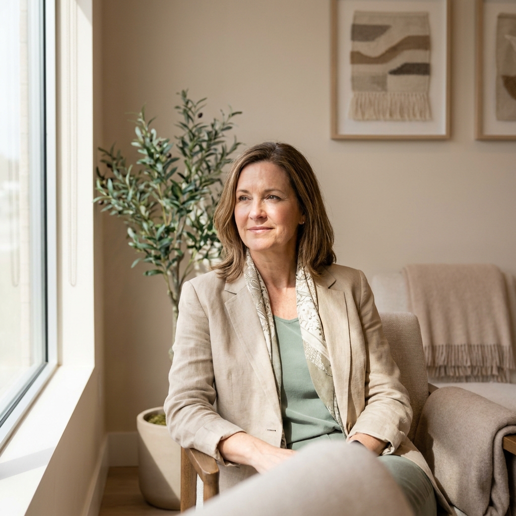 Confident woman in her 50s reflecting on symptoms of menopause at 52 in a calm clinical setting