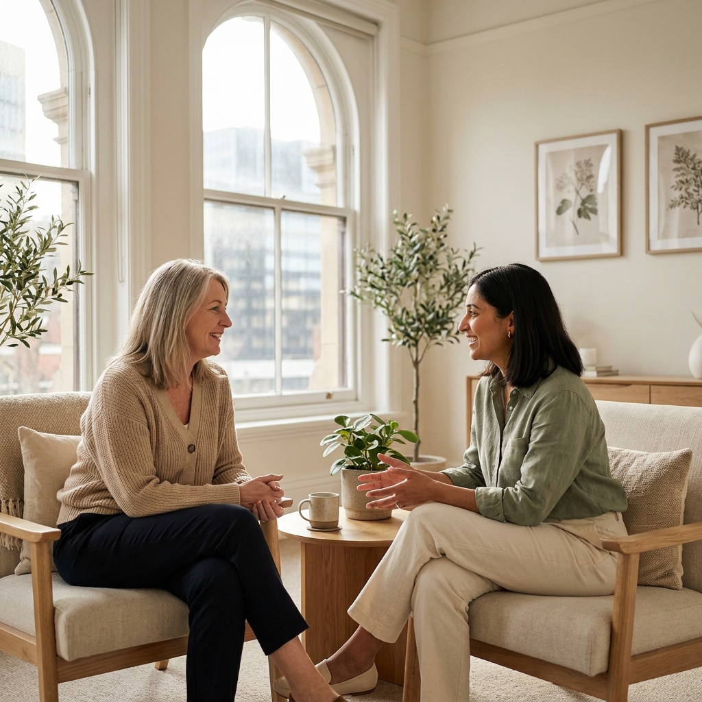 Woman discussing menopause medication options with her clinician in a calm consultation room